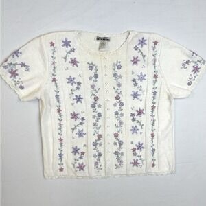 Vintage Floral Embroidered Knit Top Womens M Cottagecore Short Sleeve Sweater